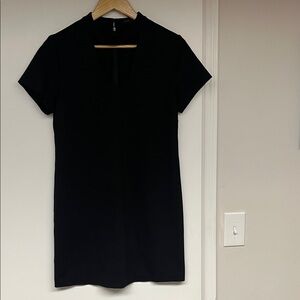 Classic Black Short-Sleeve High Neck With V Neck Cut Out Women's Dress